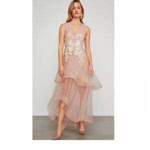 BCBGMaxAzria Dusty Rose High-Low Floral Appliqué Dress